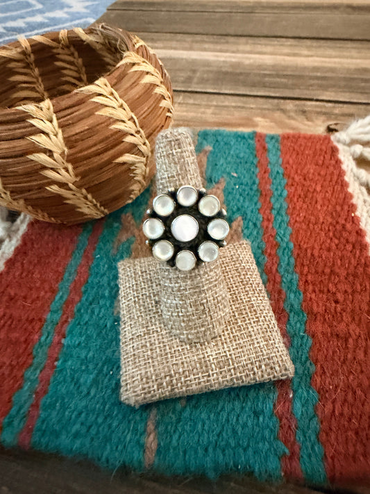 Handcrafted Mother of Pearl & Sterling Silver Cluster Ring Size 8.5