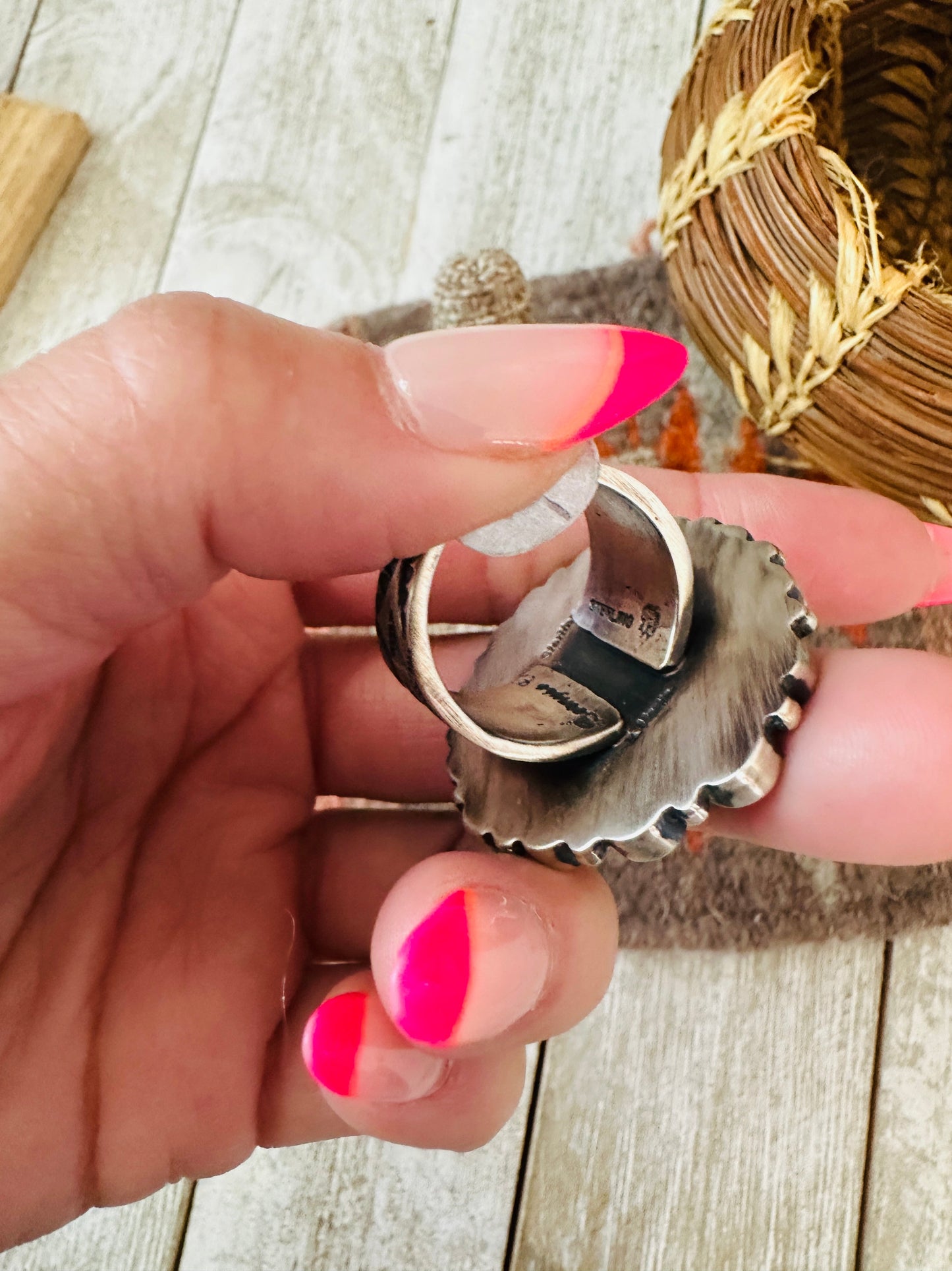 Handcrafted Electric Rainbow Sterling Silver, Turquoise & Spiny Ring by Bernyse Chavez and Angela Martin, Size 9