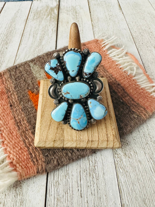 Handcrafted Golden Hills Turquoise & Sterling Silver Cluster Ring Size 10