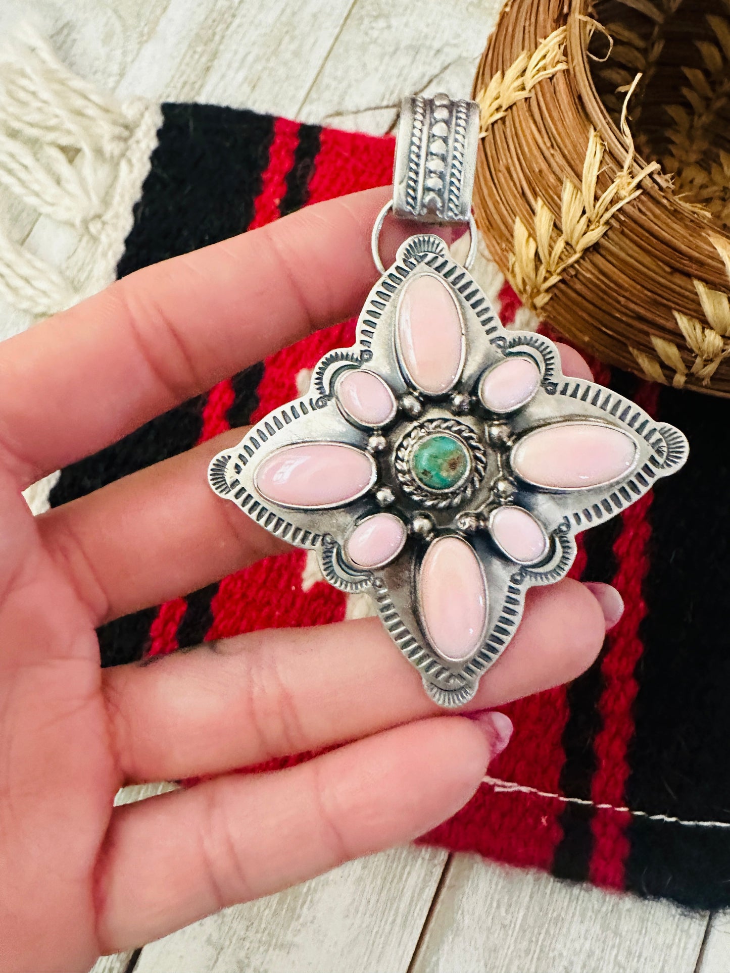 Handcrafted Sterling Silver, Queen Pink Conch & Turquoise Cluster Pendant