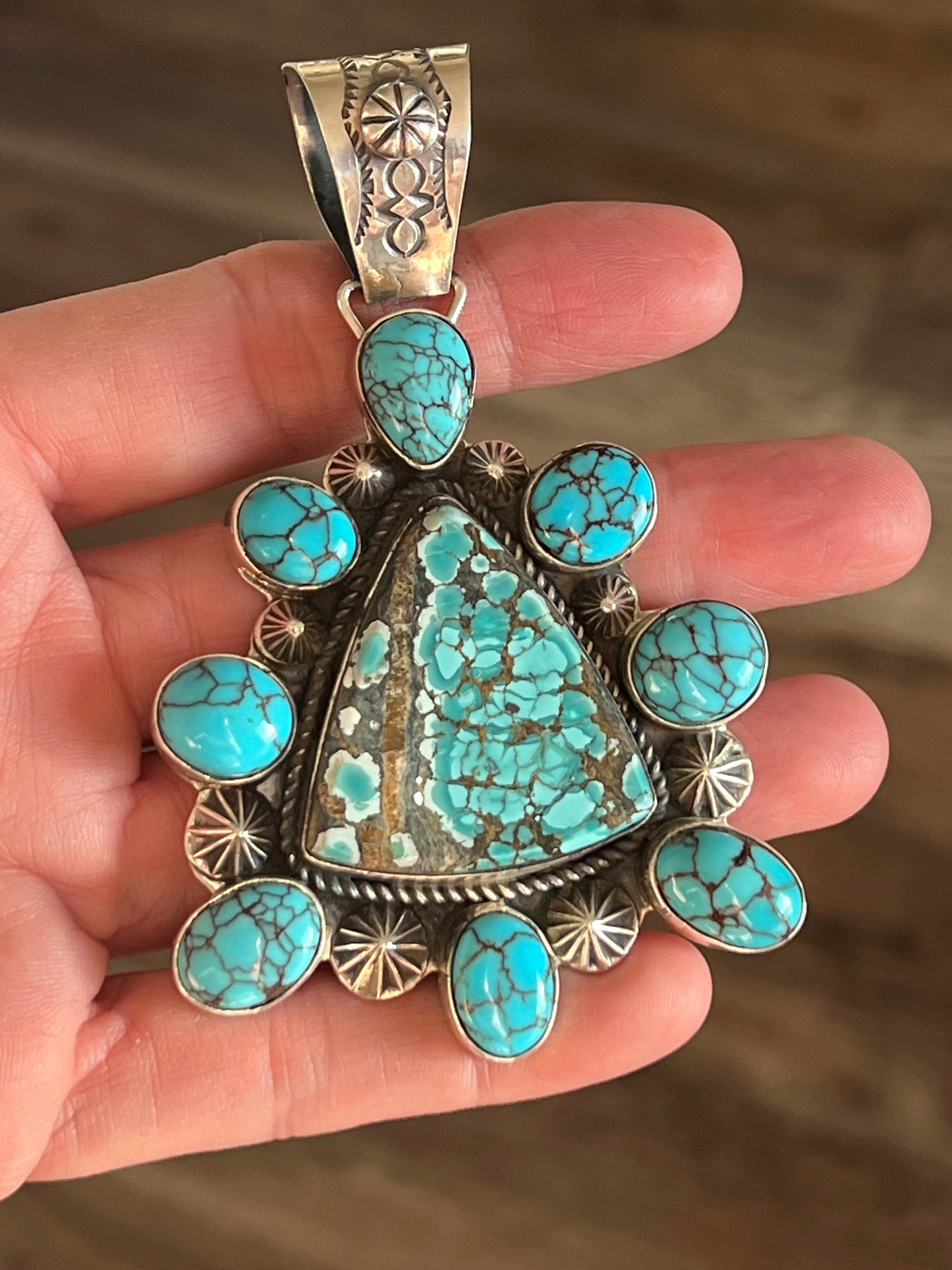 Apache Handmade Sterling Silver and Turquoise Cluster Pendant by Rosella Paxson