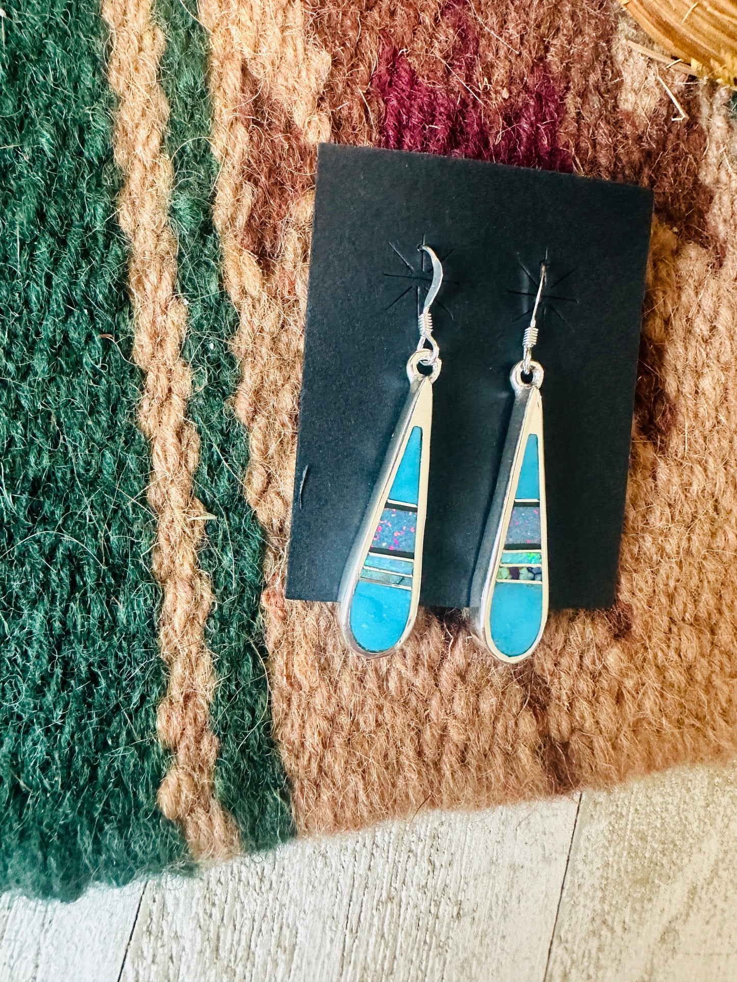 Handcrafted Sterling Silver & Multi Stone Inlay Dangle Earrings