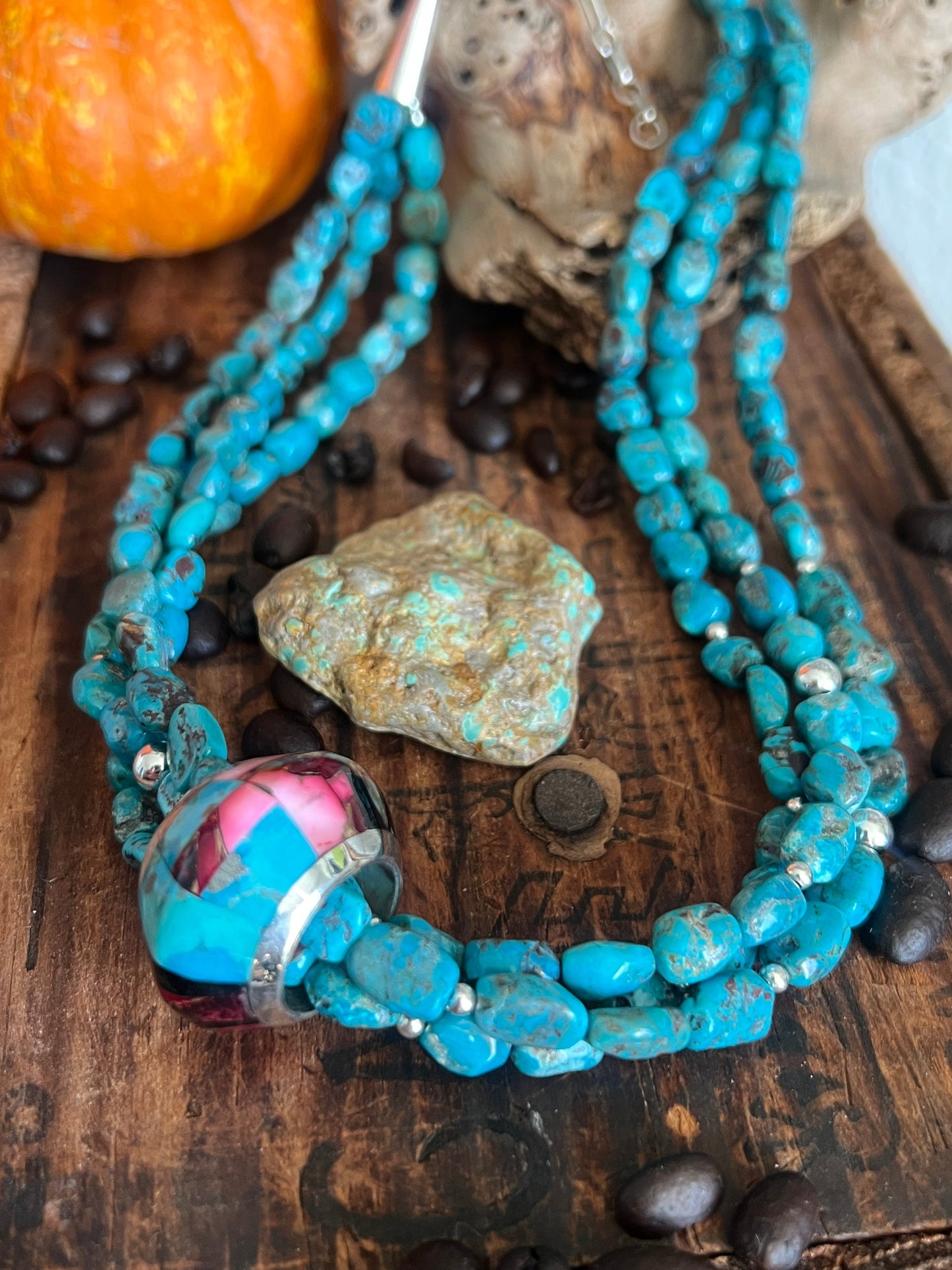 Daniel Coriz Triple Strand Turquoise and Sterling Beaded Necklace w/ Removable Sterling Silver & Stone Inlay Bead