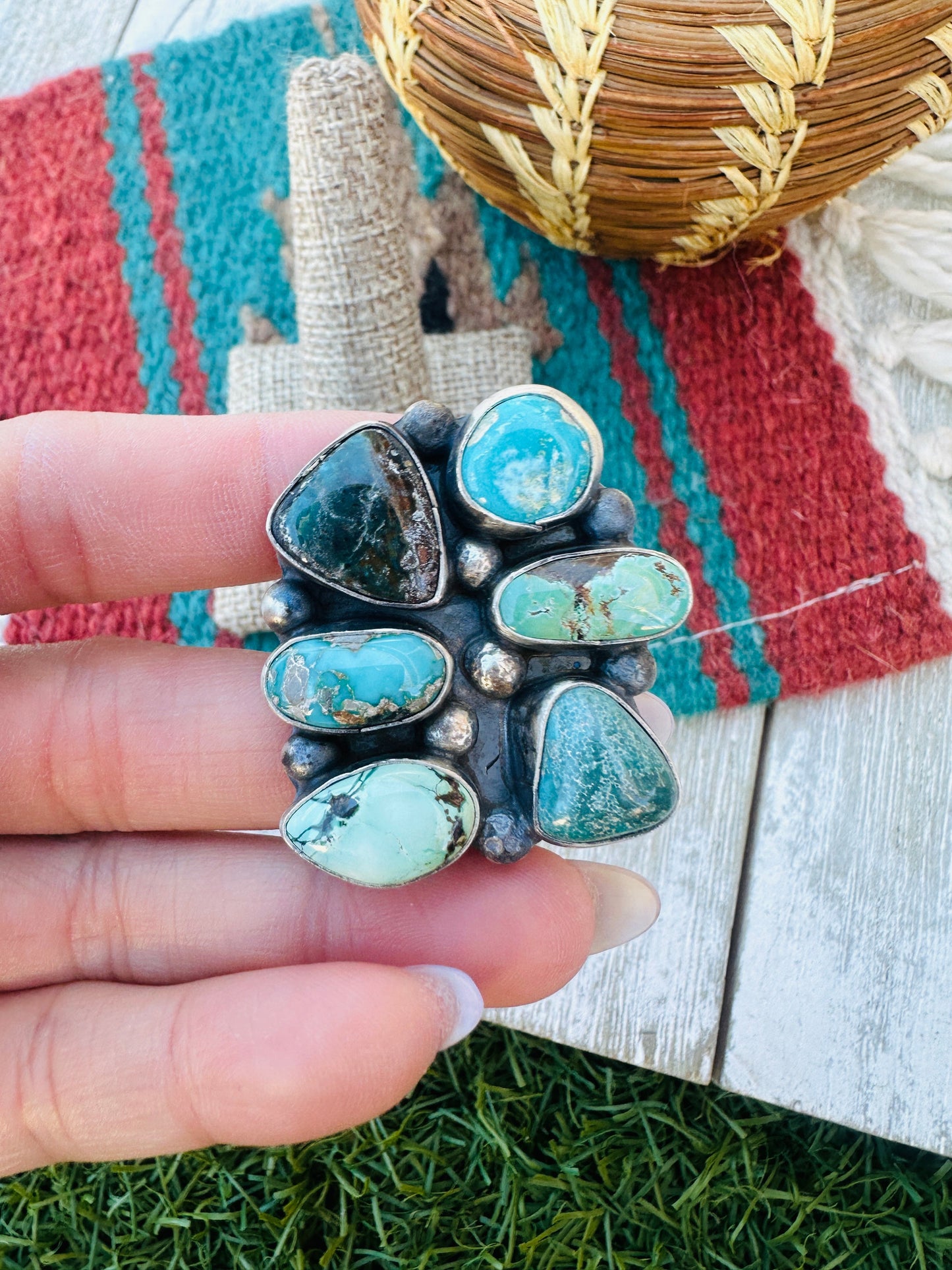 Hand Crafted Multi Turquoise & Sterling Silver Cluster Adjustable Ring by Sheila Becenti