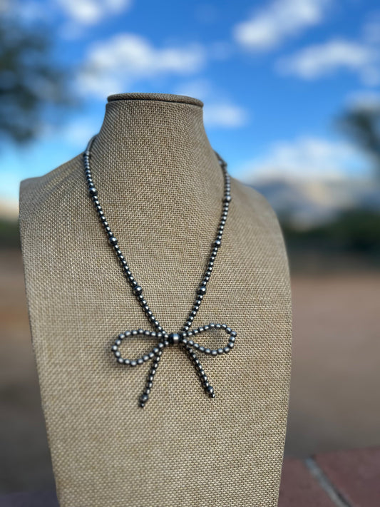 Handcrafted Sterling Silver Pearl Beaded Bow Tie 4-8mm Beaded Necklace 16 inches long