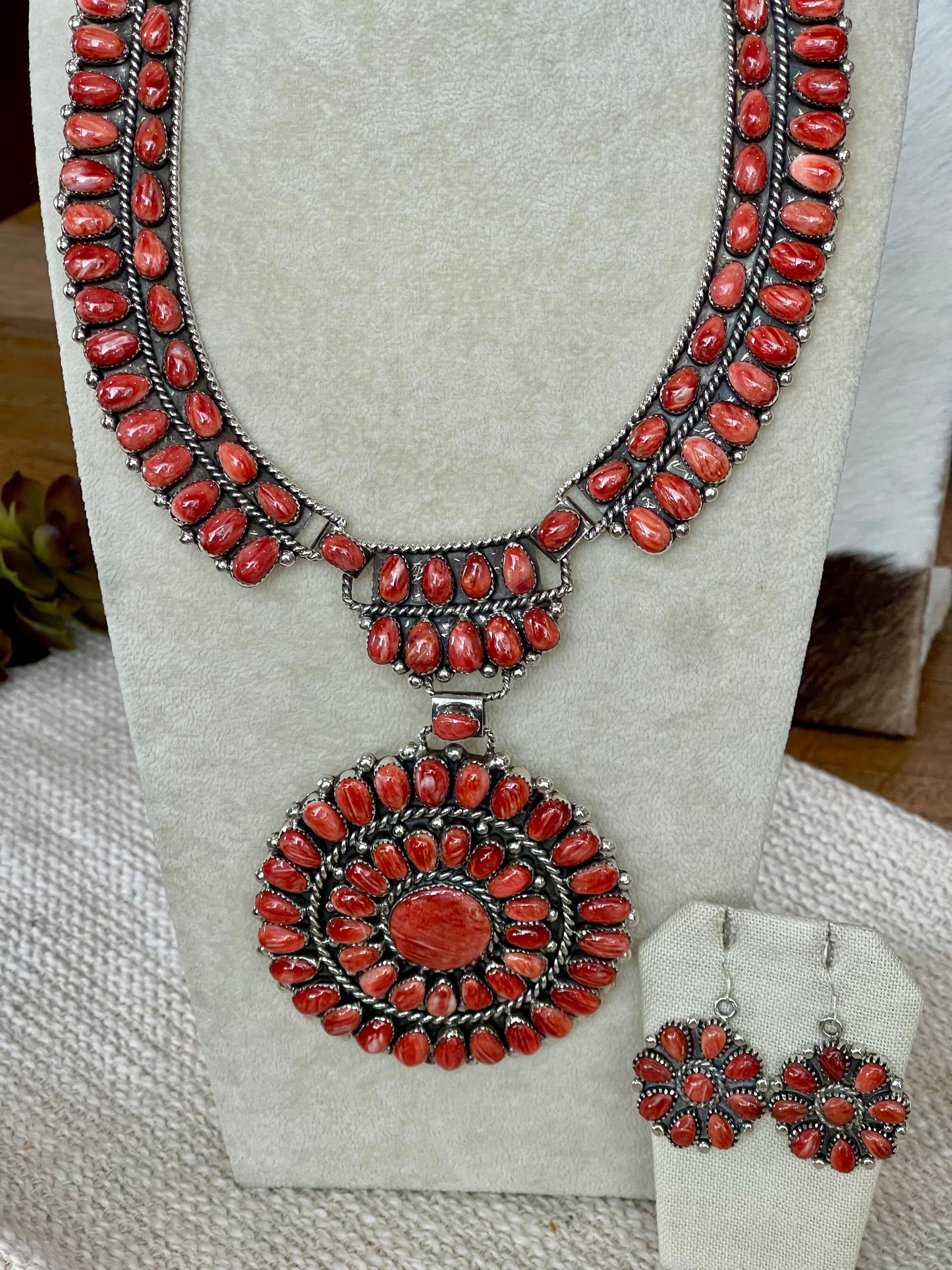 Beautiful Handmade Sterling Silver & Red Spiny Cluster Necklace And Earring Set