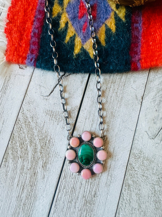 Handcrafted Sterling Silver, Queen Pink Conch Shell & Malachite Necklace