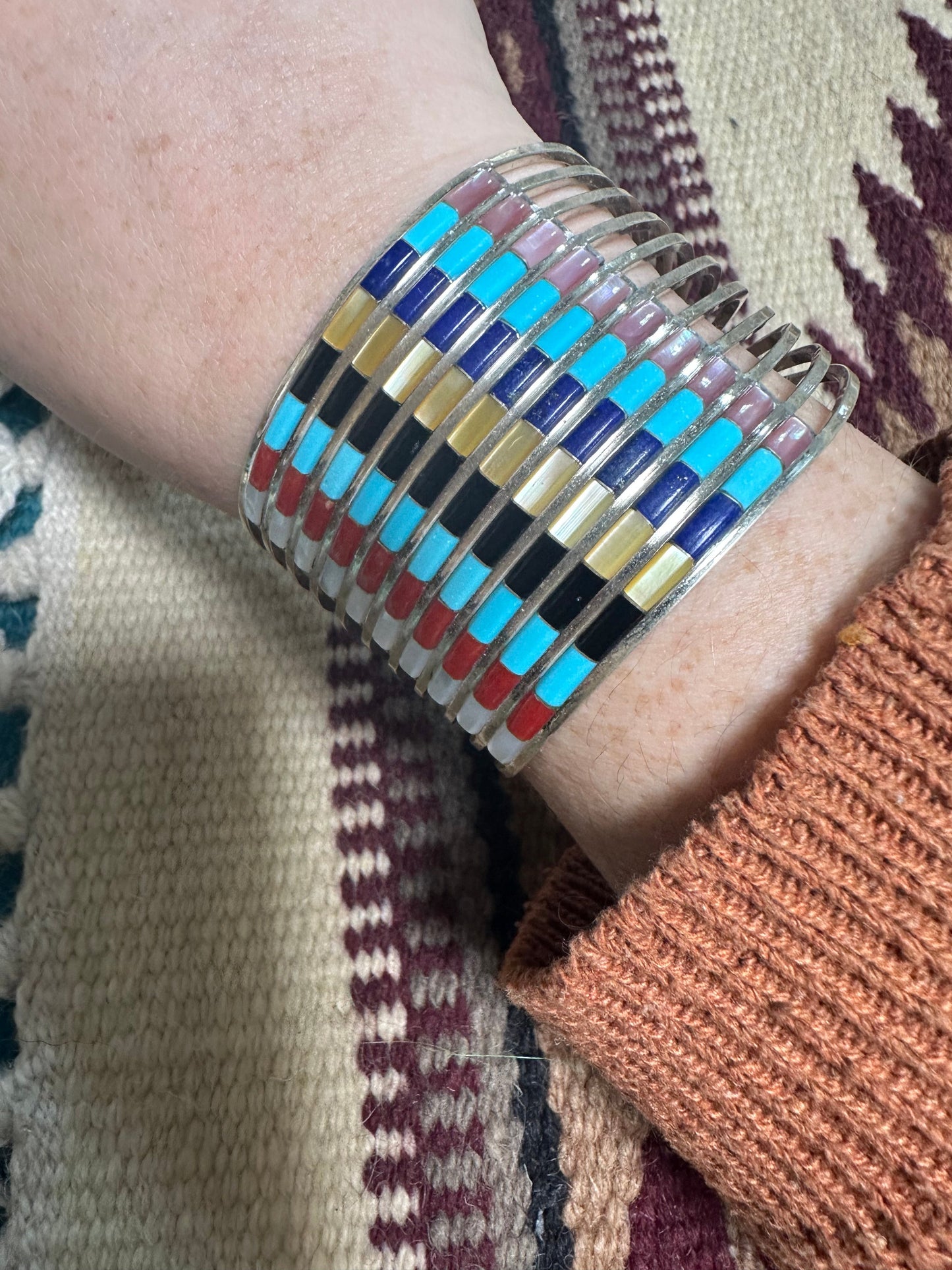 Handcrafted Multi Stone & Sterling Silver Inlay Cuff Bracelet Signed