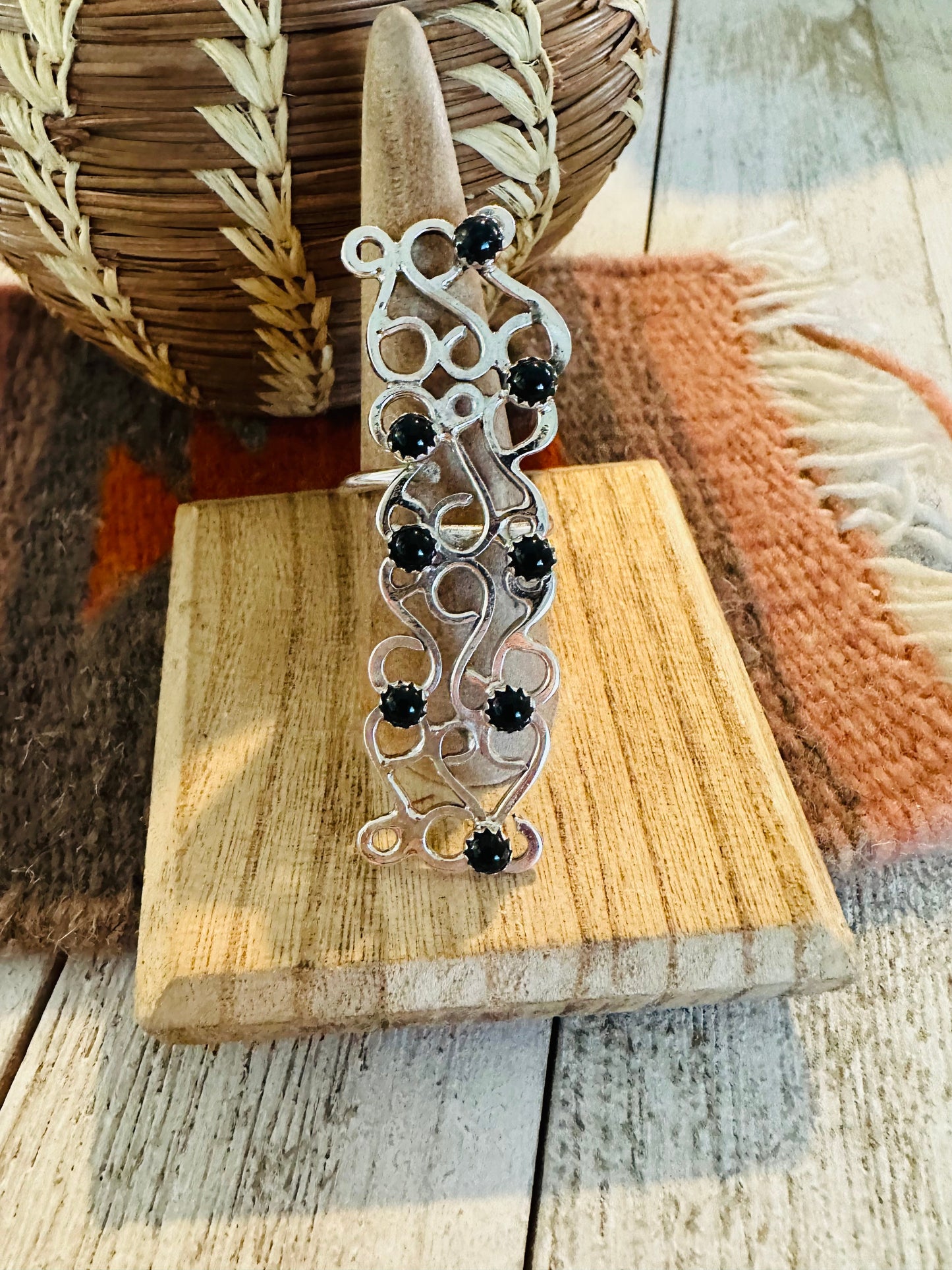 Handcrafted Sterling Silver & Onyx Adjustable Abstract Ring