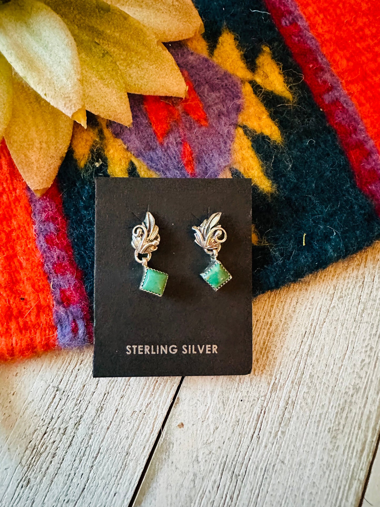 Navajo Turquoise and Sterling Silver Feather Diamond Dangle Earrings