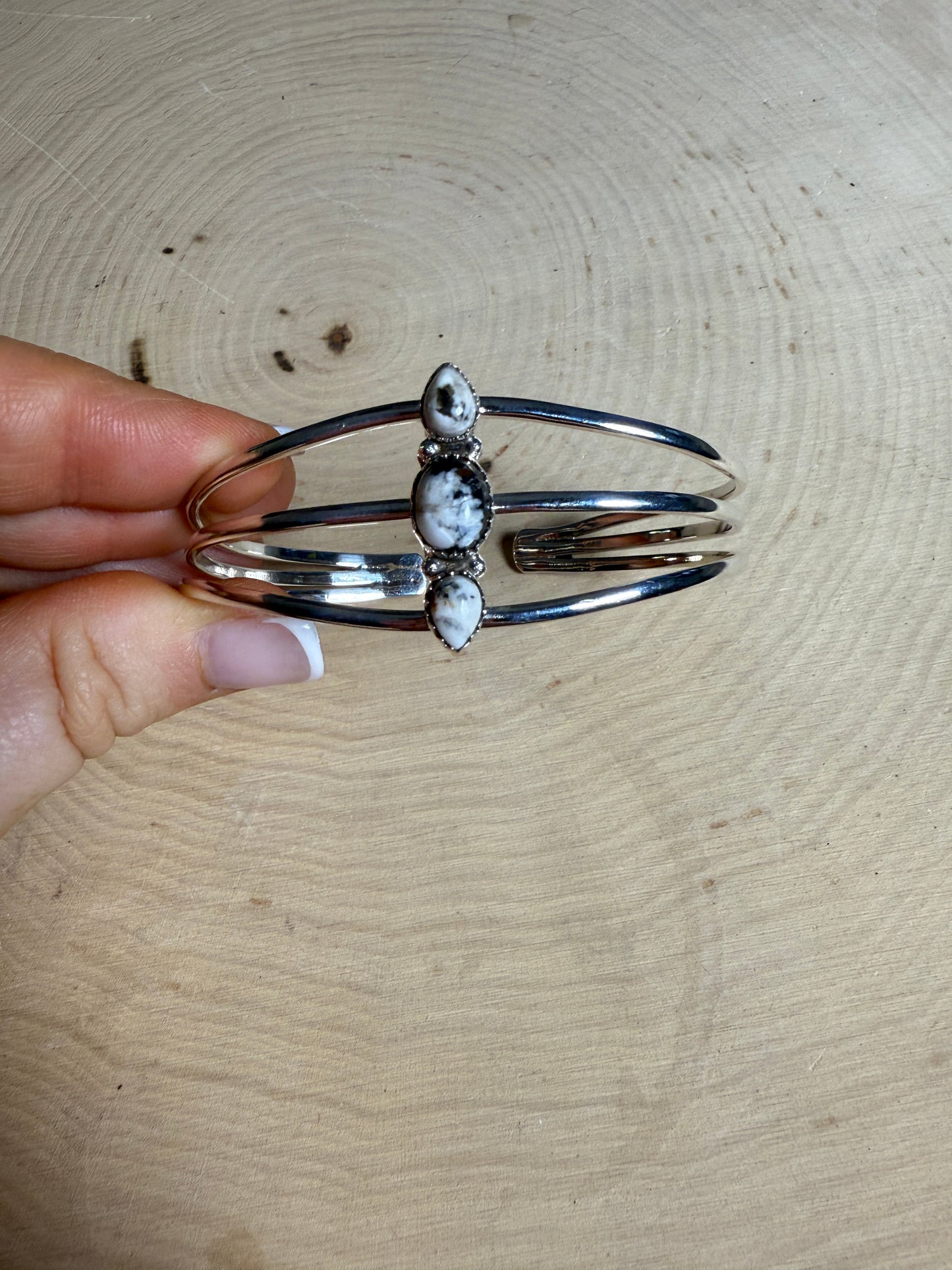 Handmade White Buffalo & Sterling Silver 3 Stone Adjustable Cuff Bracelet