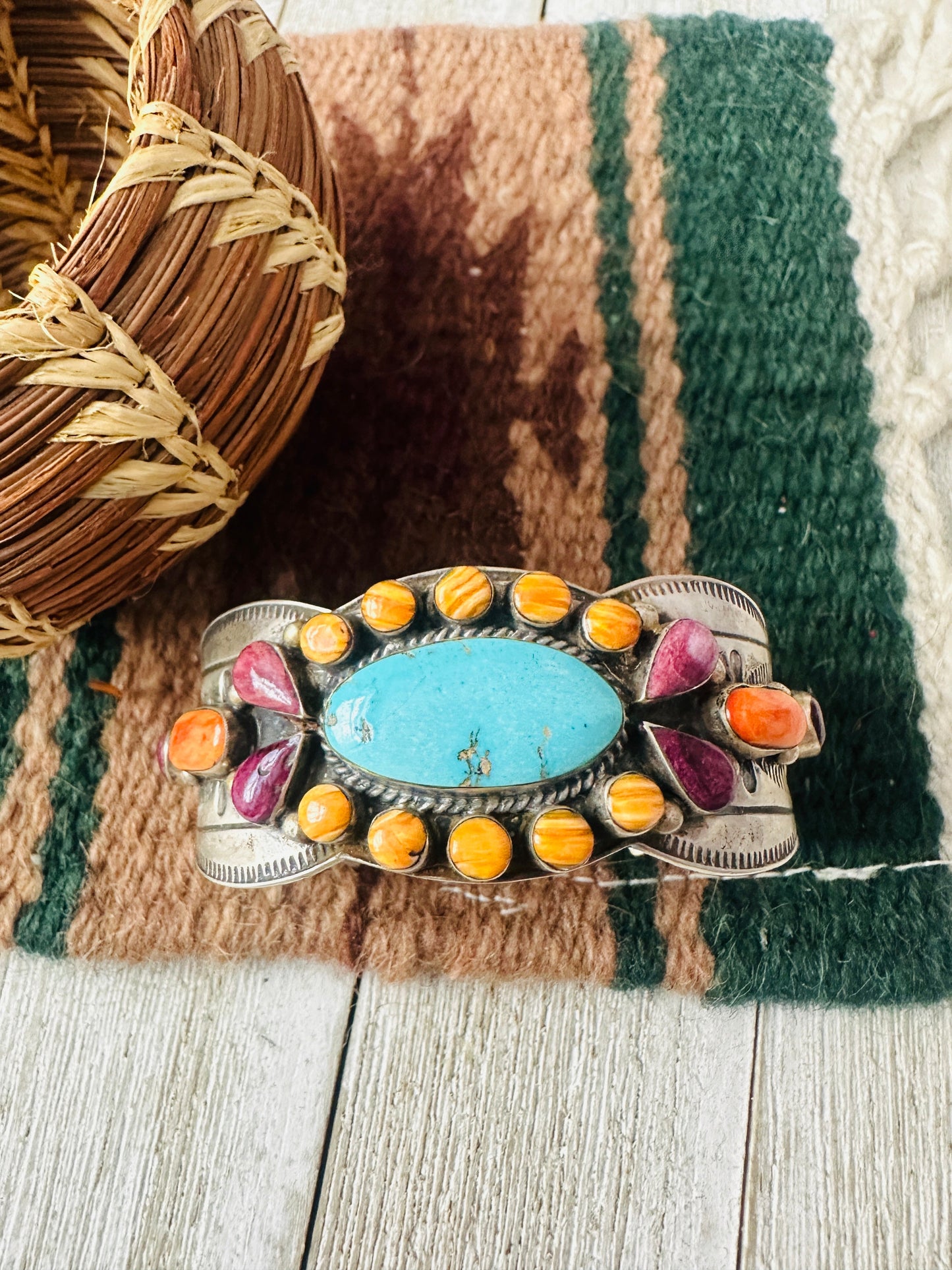 Handcrafted Old Pawn Turquoise, Spiny & Sterling Silver Cuff Bracelet /