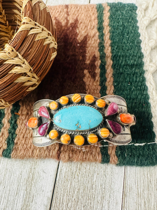 Handcrafted Old Pawn Turquoise, Spiny & Sterling Silver Cuff Bracelet /