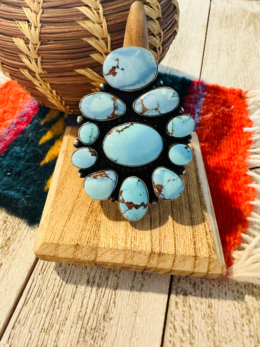 Handcrafted Golden Hills Turquoise & Sterling Silver Cluster Ring Size 8.25 by B. Yellowhorse