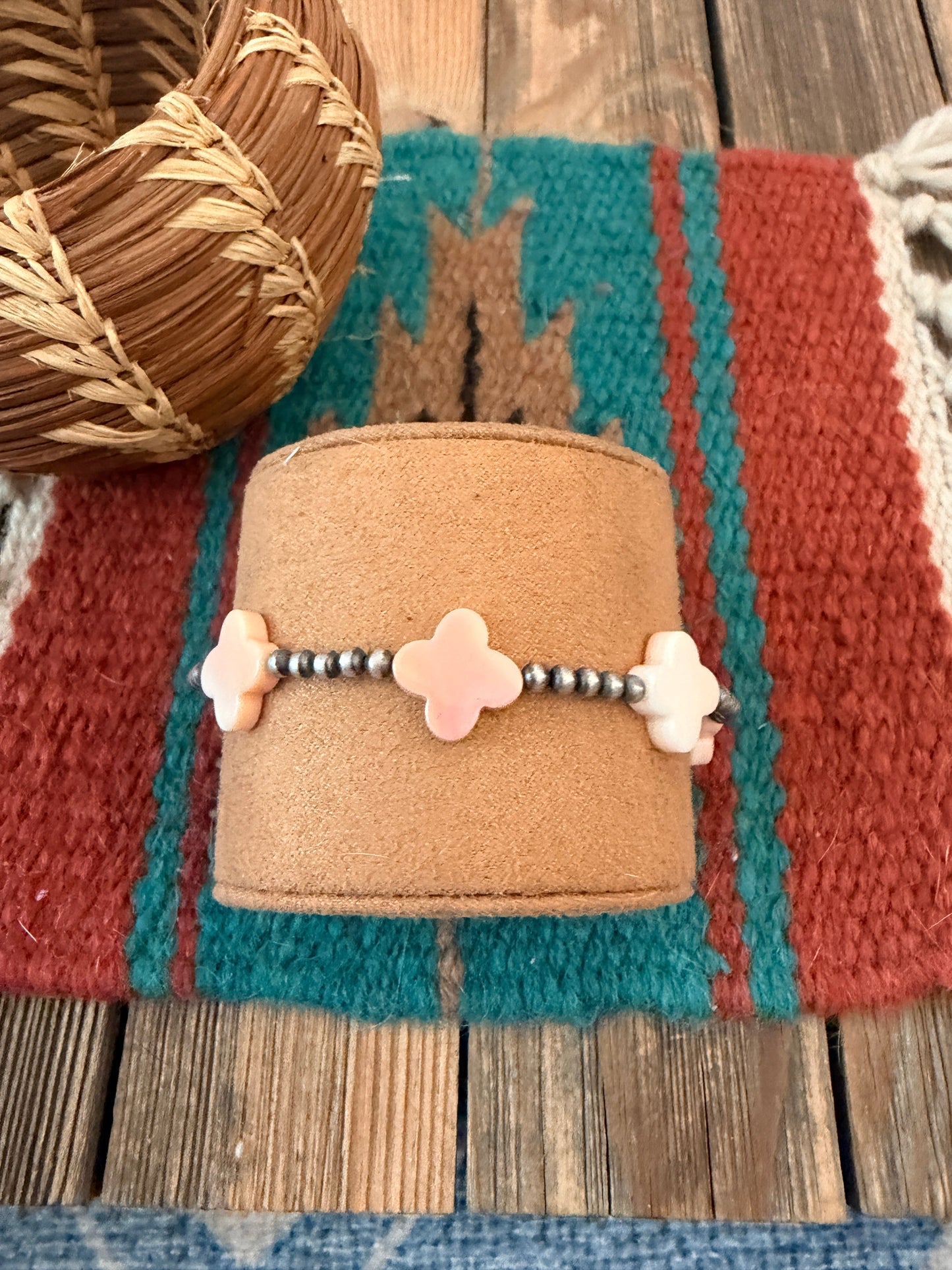 Handcrafted Queen Pink Conch & Sterling Silver Pearl Cross Beaded Stretch Bracelet