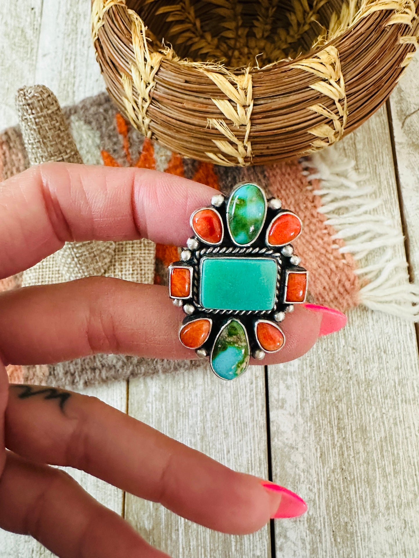 Handcrafted Sterling Silver, Turquoise & Spiny Oyster Ring by Bernyse Chavez and Angela Martin, Size 8