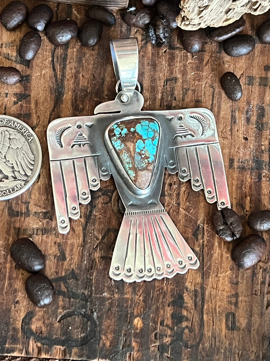 Hand Stamped Sterling Silver & Pilot Mountain Turquoise Thunderbird Pendant by Kimari Somers