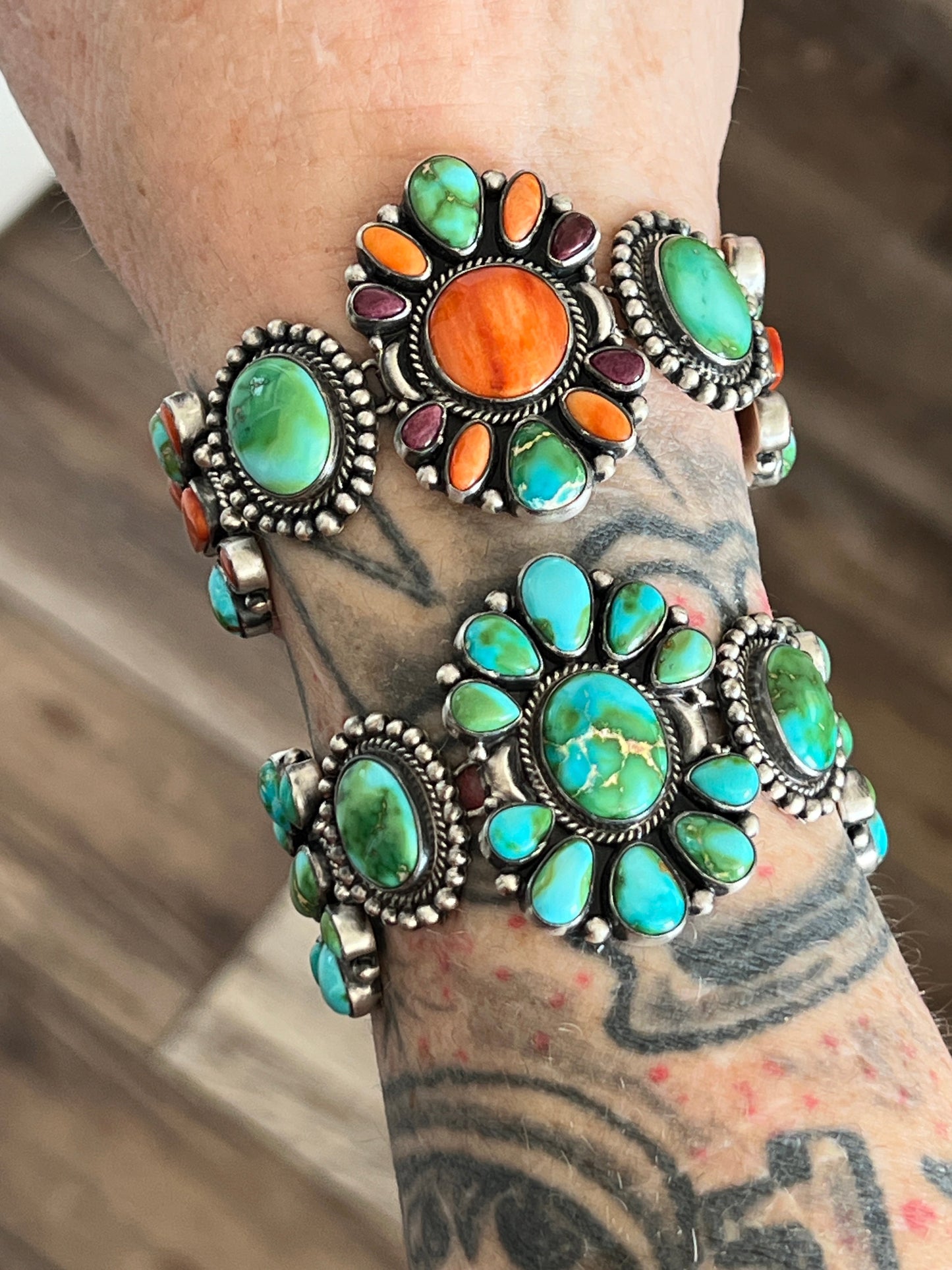 Stunning Sterling Silver, Sonoran Mountain Turquoise and Spiny Oyster Shell Cluster Link Bracelets by Diane Wylie