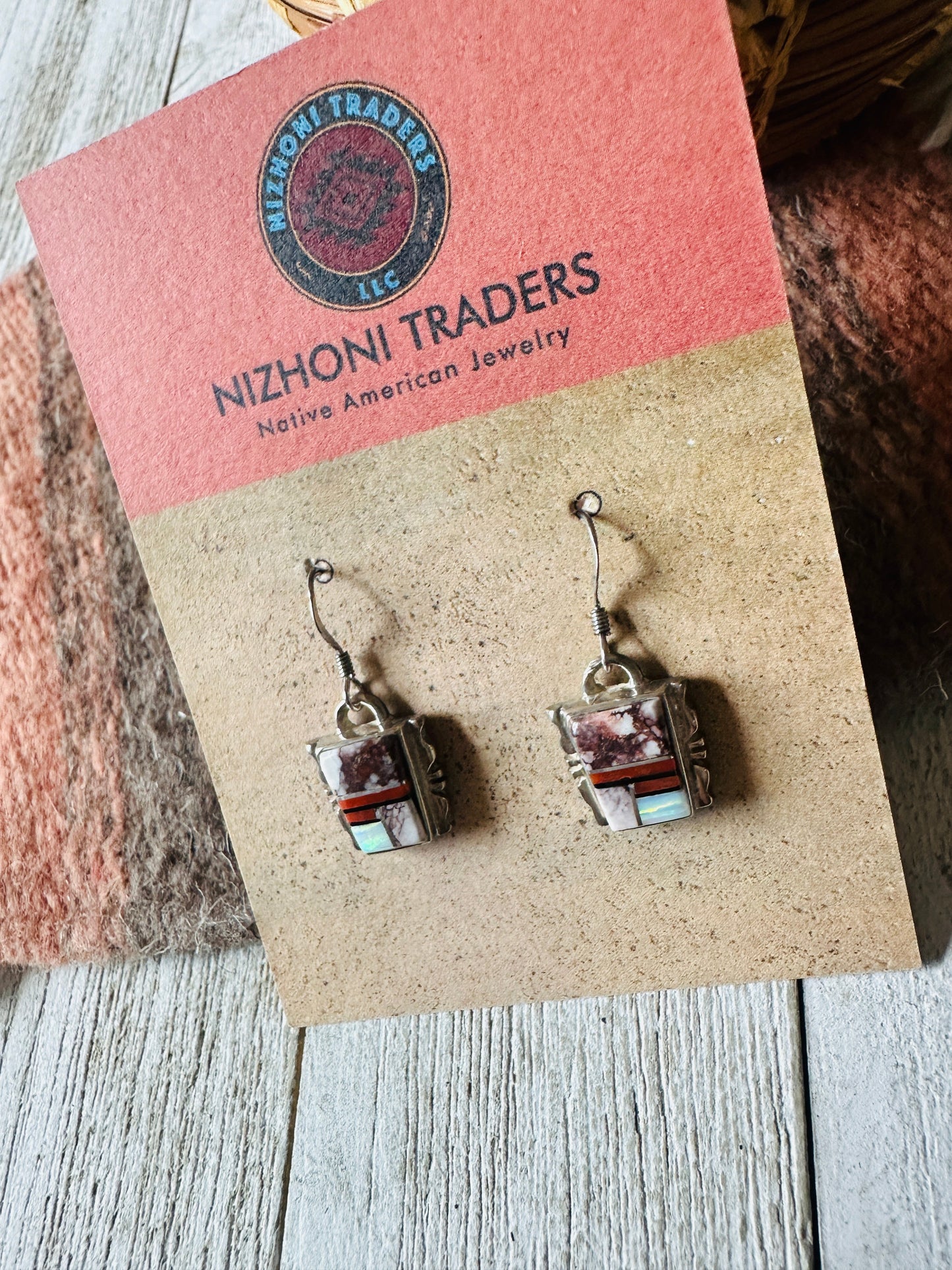 Handcrafted Sterling Silver & Multi Stone Inlay Dangle Earrings