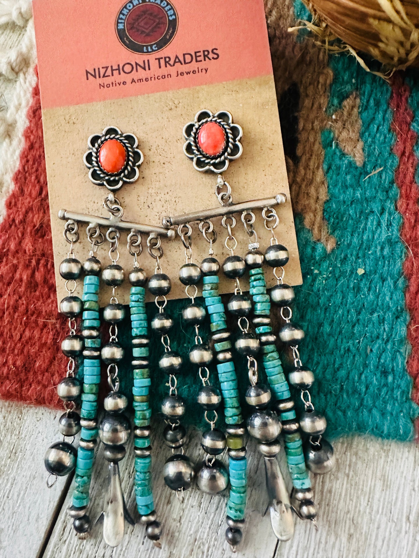 Handcrafted Turquoise, Coral  & Sterling Silver Pearl Beaded Tassel Dangle Earrings