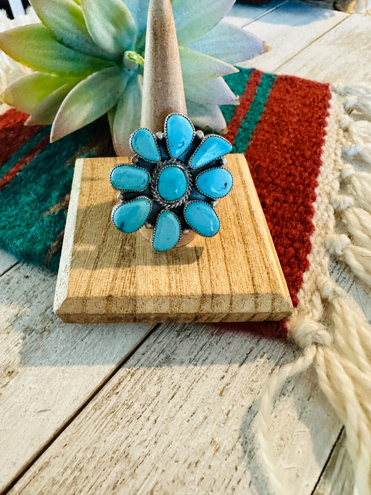Handcrafted Turquoise & Sterling Silver Cluster Ring Size 10