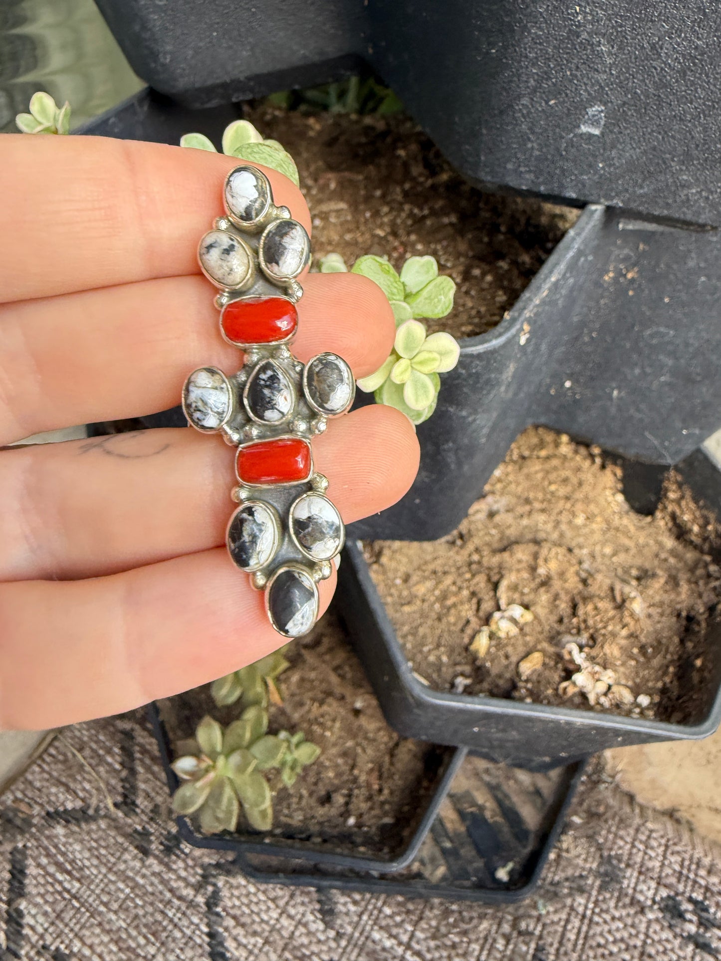 Handmade Coral, White Buffalo & Sterling Silver Adjustable Ring Signed Nizhoni