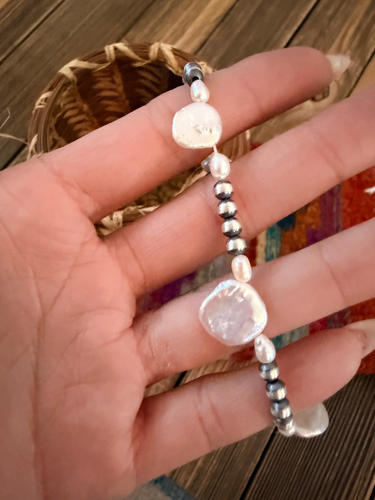 Handcrafted Mother of Pearl & Sterling Silver Pearl Beaded Stretch Bracelet