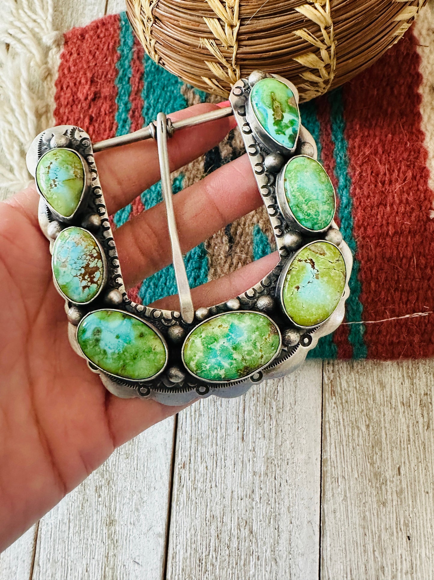 Handcrafted Sonoran Mountain Turquoise & Sterling Silver Belt Buckle by Russell Sam