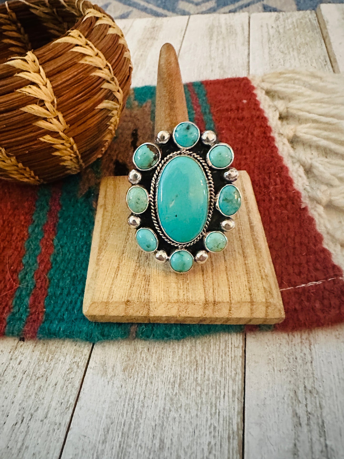 Handcrafted Sterling Silver & Turquoise Cluster Adjustable Ring