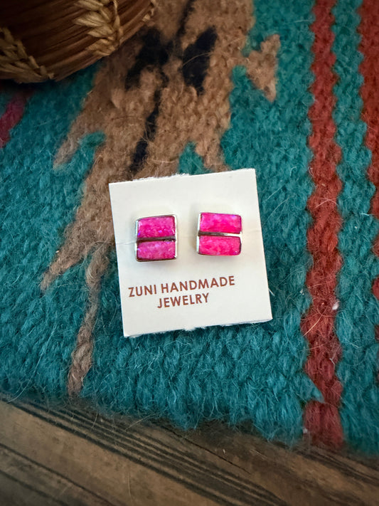 Handcrafted Sterling Silver & Pink Opal Inlay Stud Earrings