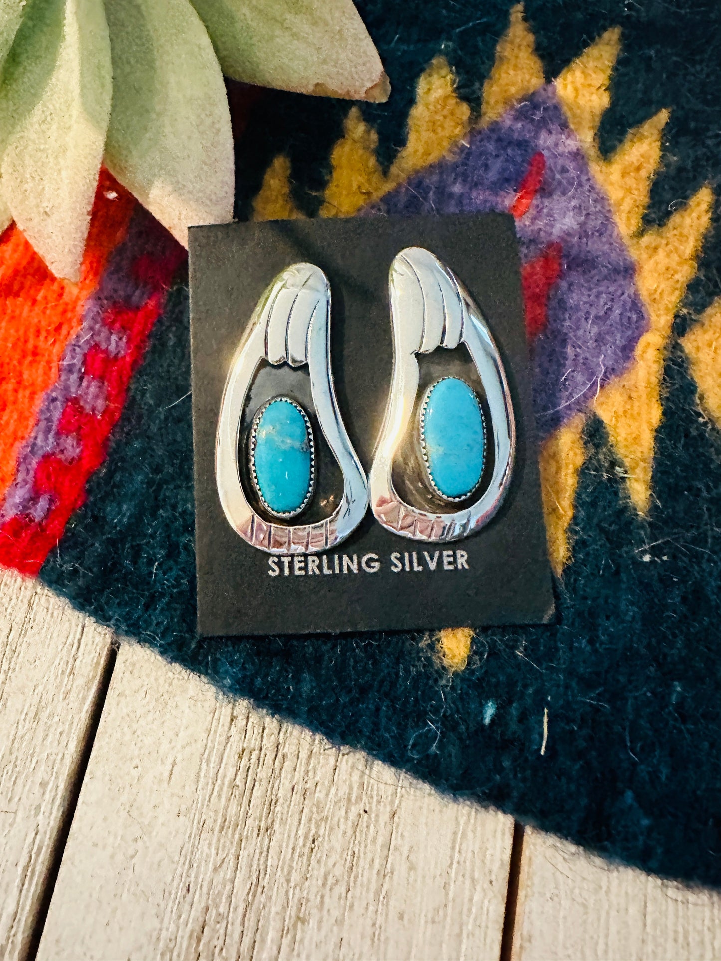 Navajo Kingman Turquoise and Sterling Silver Shadowbox Earrings