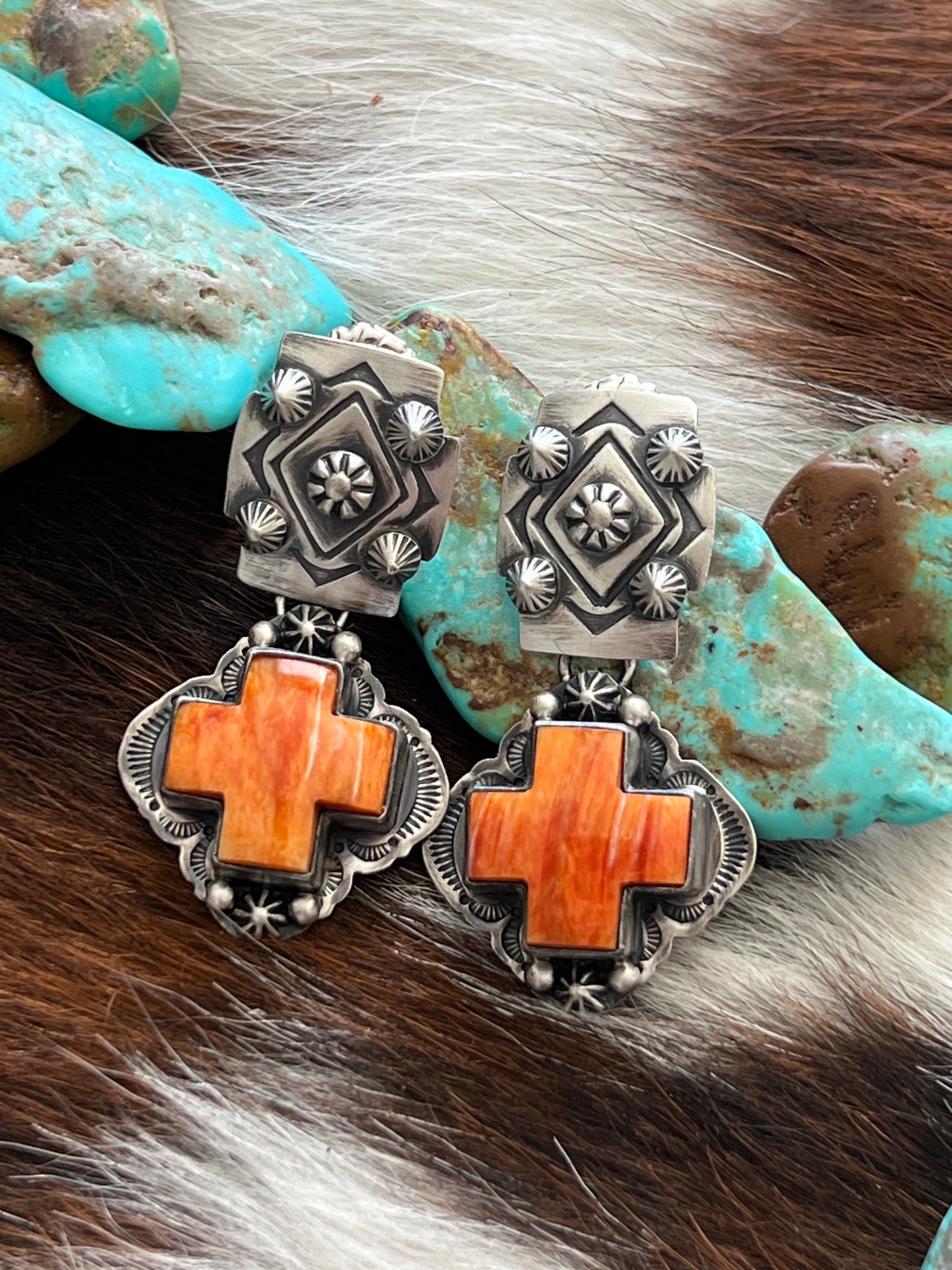 Handcrafted Sterling Silver and Orange Spiny Oyster Shell Santa Fe Cross Earrings by Murphy Platero