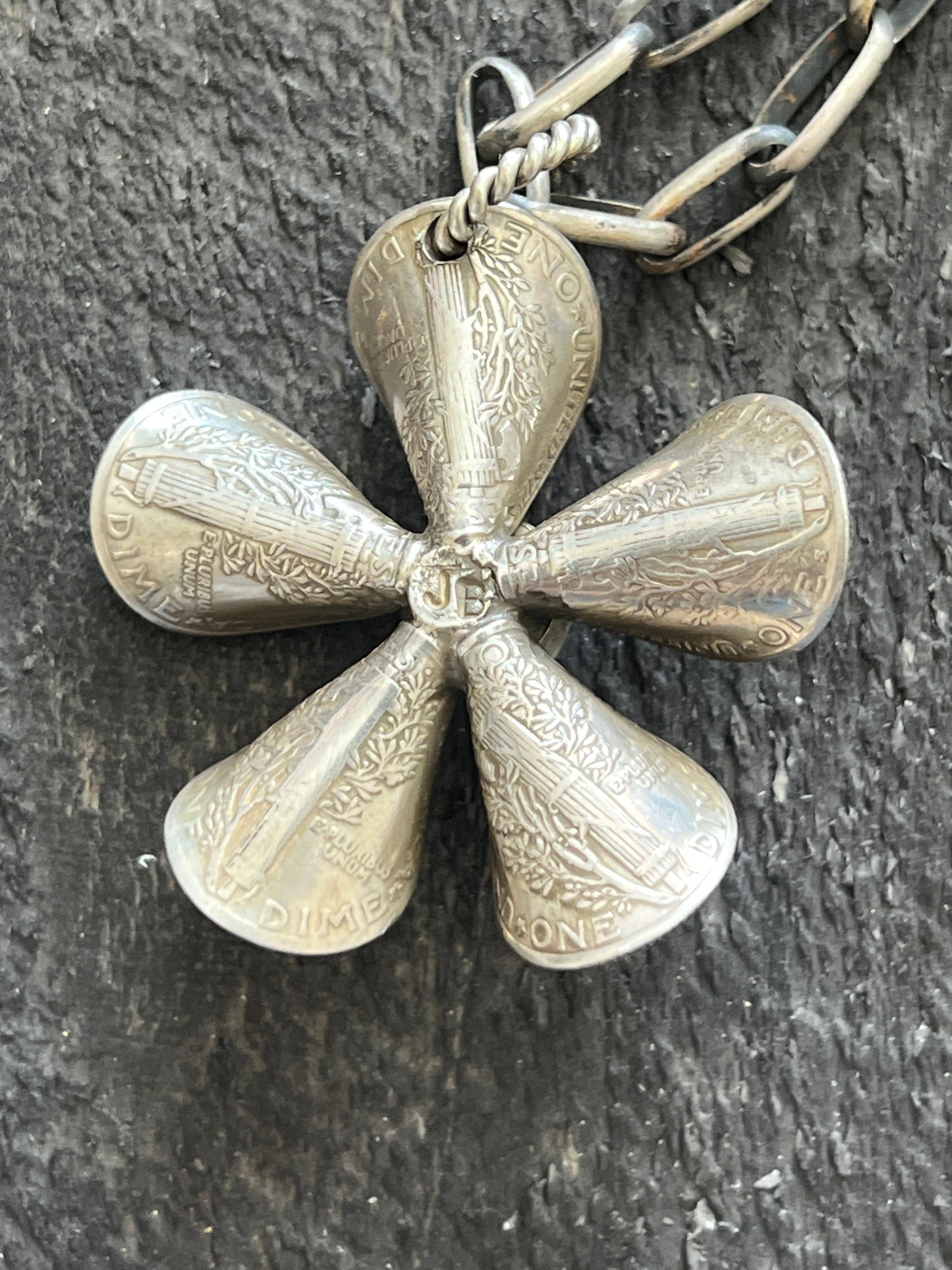 Handcrafted Sterling and Coin Silver Mercury Dime Flower Pendant with Turquoise on Handmade Chain by James Begay