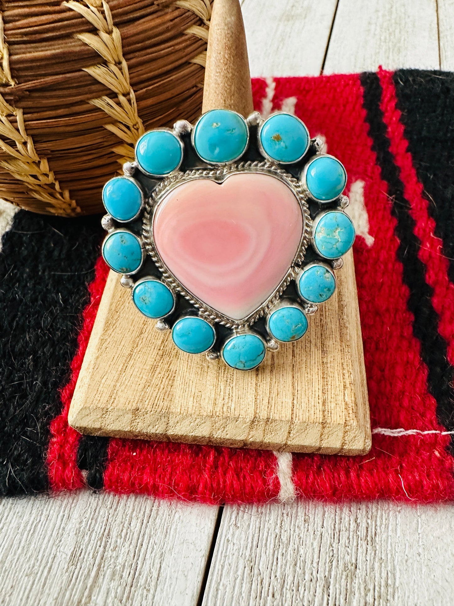 Handcrafted Sterling Silver, Queen Pink Conch & Turquoise Heart Adjustable Ring
