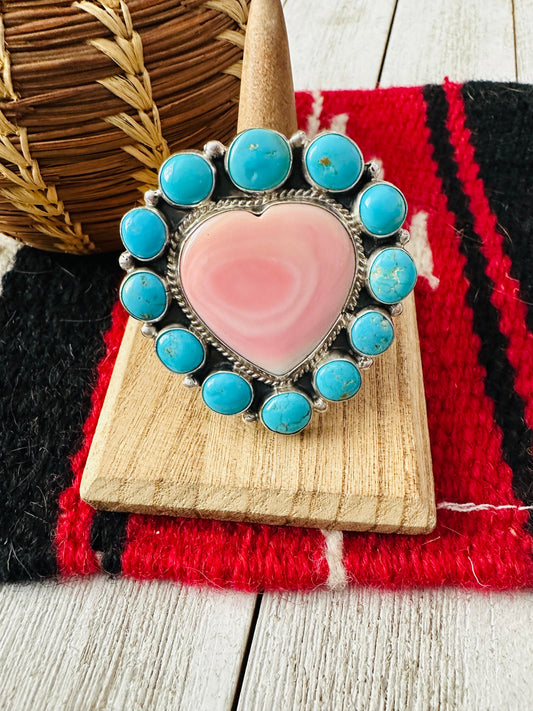 Handcrafted Sterling Silver, Queen Pink Conch & Turquoise Heart Adjustable Ring