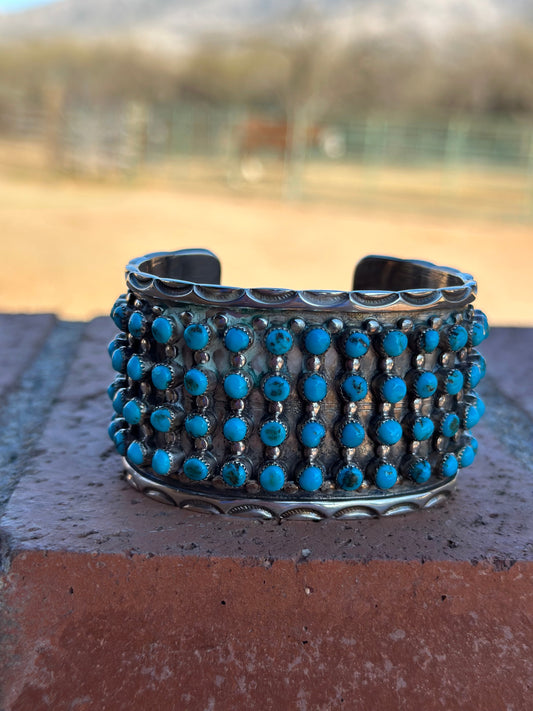 Estate Collection Old Pawn Handcrafted Sterling Silver & Turquoise Snake Eye Cuff Bracelet /