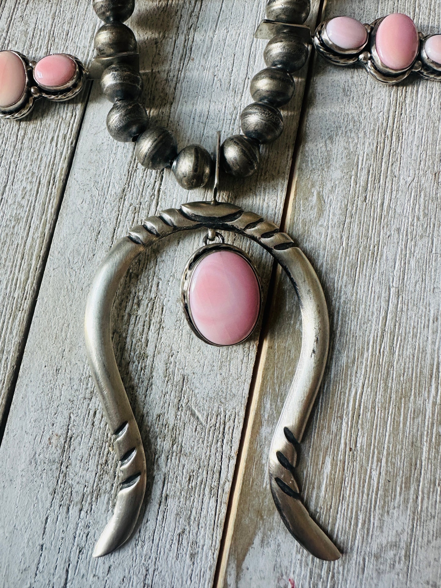 Handcrafted Sterling Silver & Queen Pink Conch Squash Blossom Necklace Set