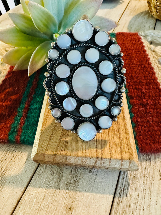 Handcrafted Sterling Silver & Mother of Pearl Cluster Ring Size 9