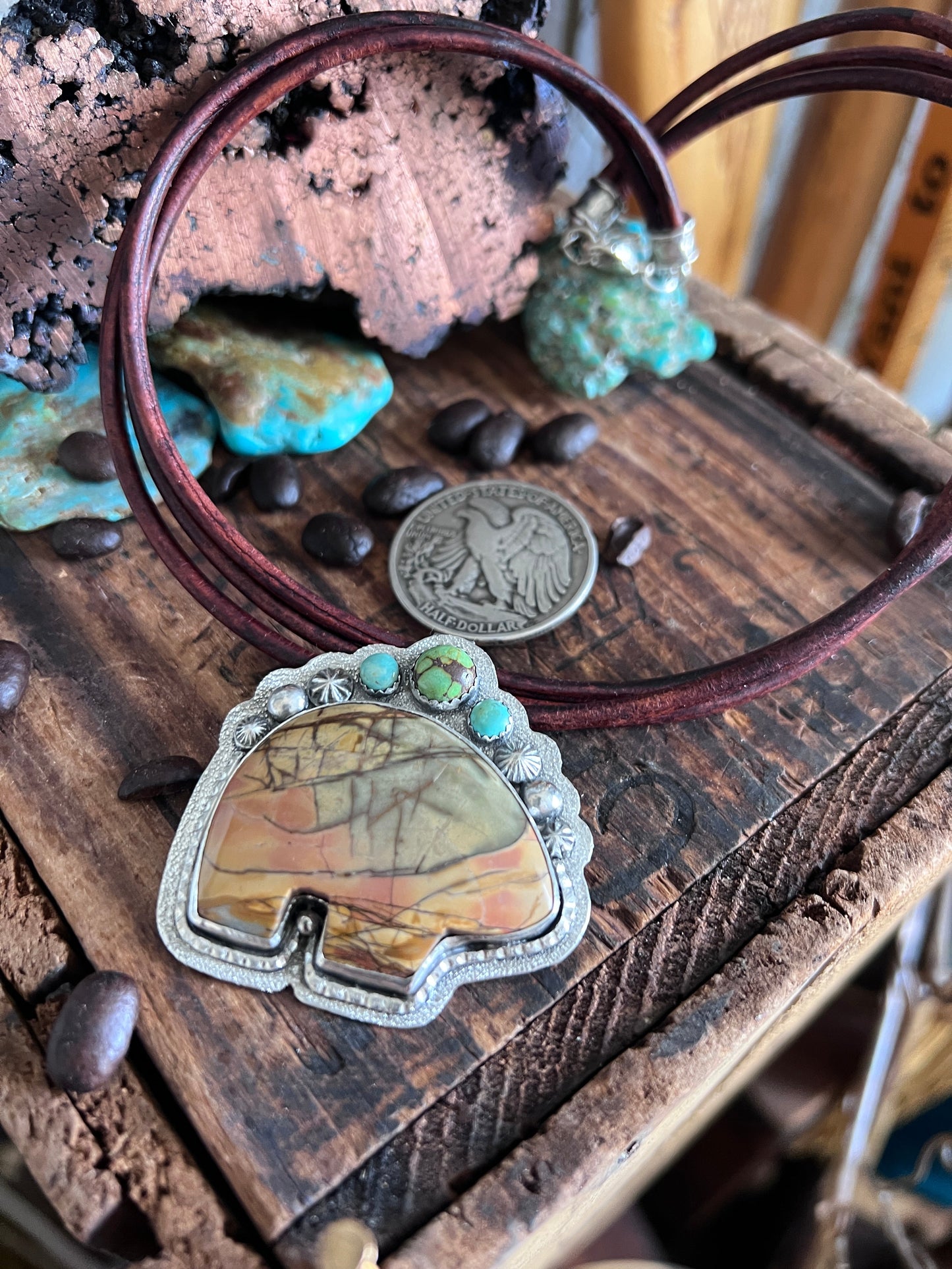 Tularosa Sterling Silver and Leather Red Creek Jasper Bear Necklace with Turquoise