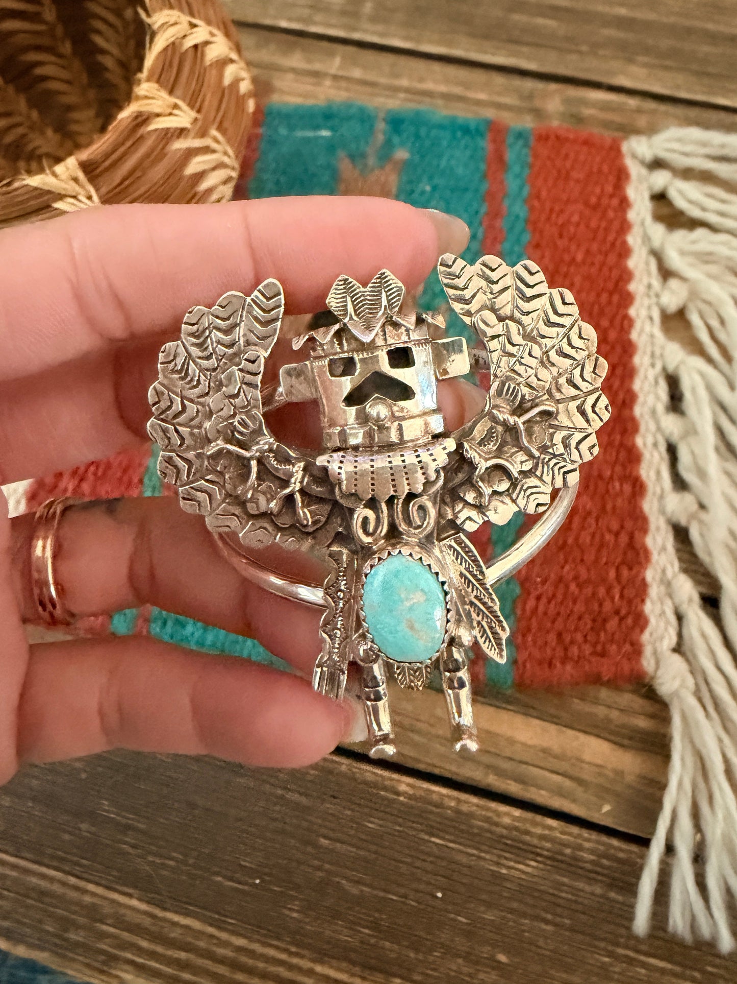 Handcrafted Old Pawn Sterling Silver & Turquoise Kachina Cuff Bracelet