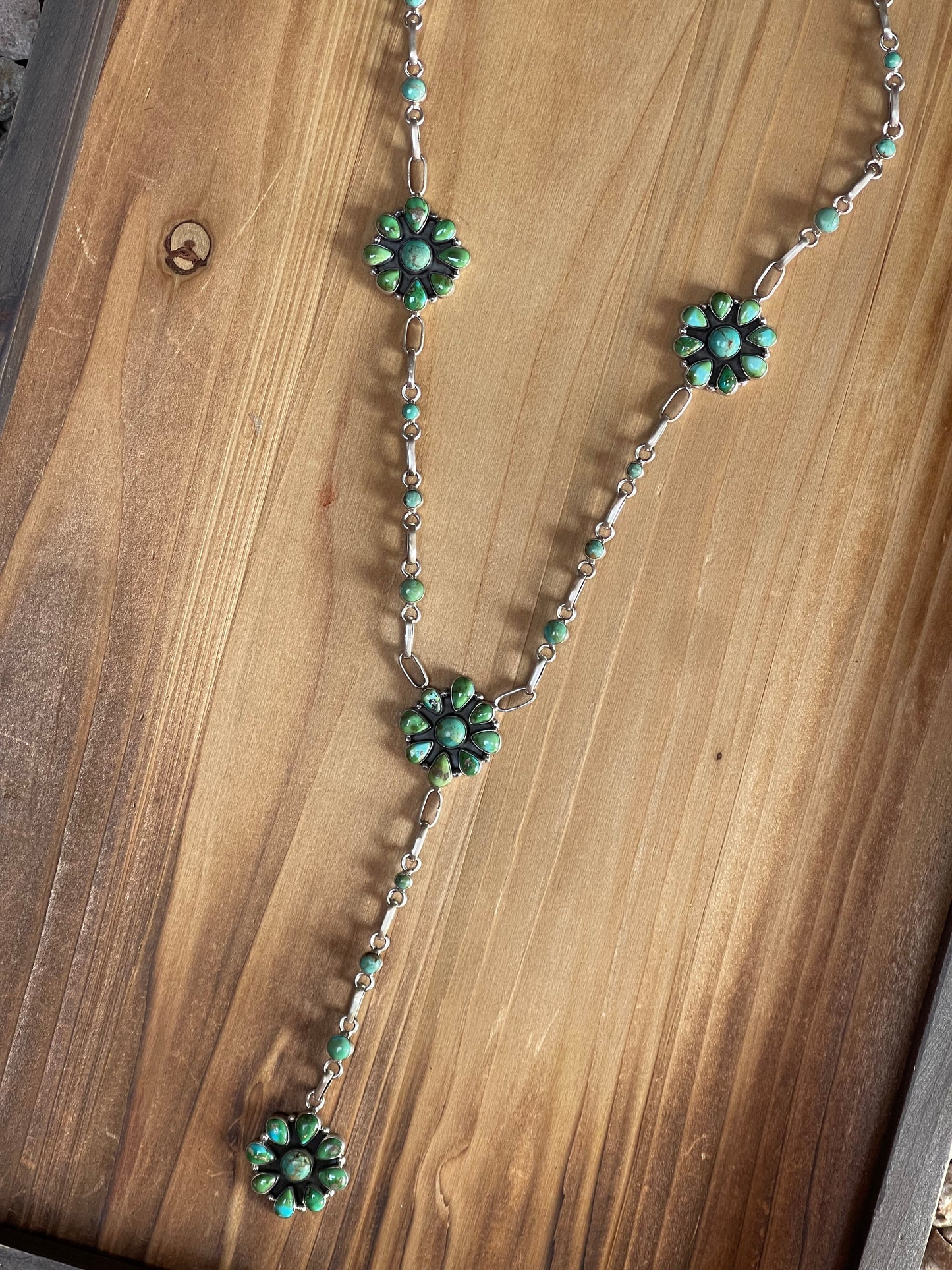 Handmade Sterling Silver & Sonoran Mountain Turquoise Cluster Lariat Necklace