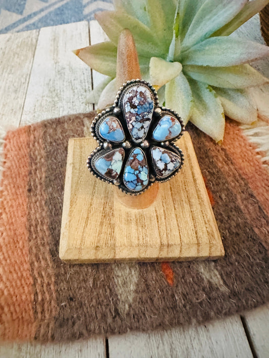 Handcrafted Golden Hills Turquoise & Sterling Silver Cluster Ring Size 6.5