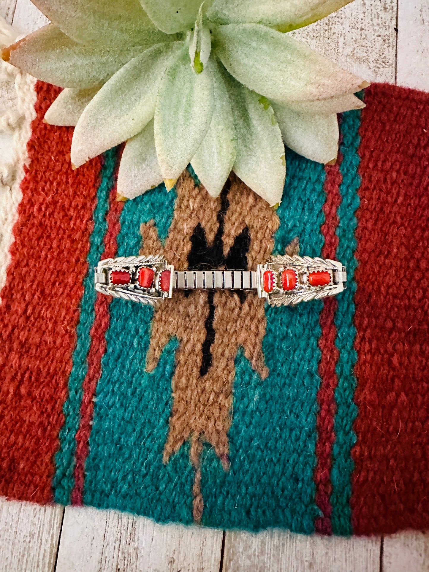 Handcrafted Sterling Silver & Coral Watch Band Signed