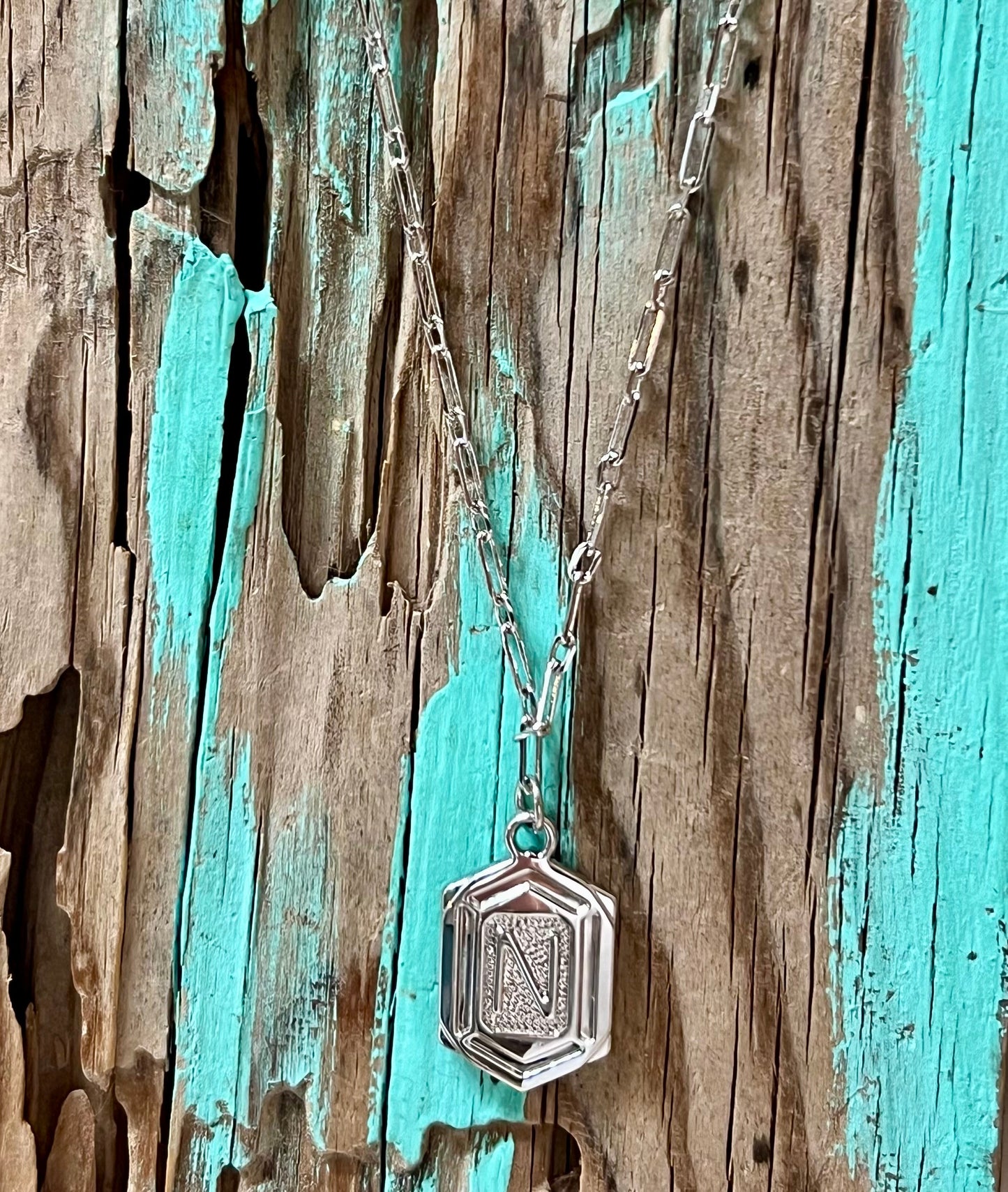 Hexagon Tag Initial “N” Pendant Necklace