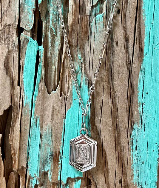Hexagon Tag Initial “N” Pendant Necklace