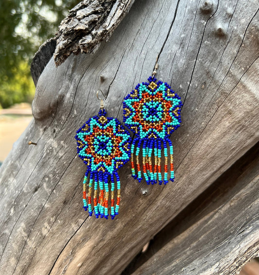 Handmade MultiColor Beaded Dangle Earrings (Blue, Turquoise, Orange)