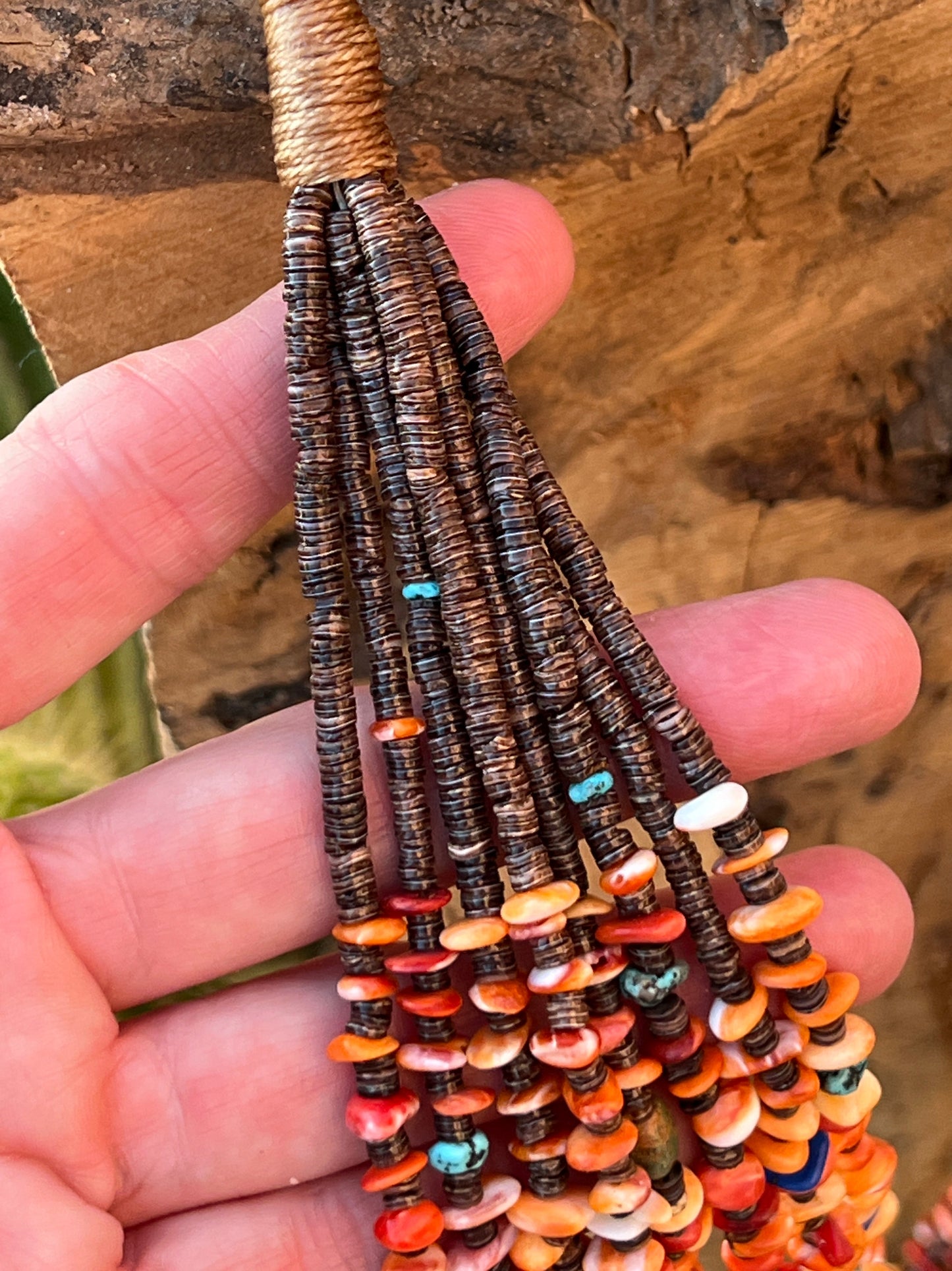 Gorgeous Handcrafted Made Eight Strand Spiny Oyster and Turquoise Beaded Squaw Wrap Necklace