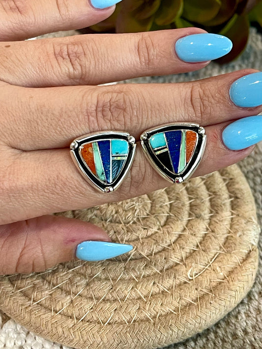 Handcrafted Multi Stone & Sterling Silver Inlay Post Earrings
