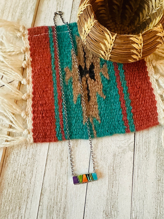 Handcrafted Multi Stone & Sterling Silver Inlay Bar Necklace