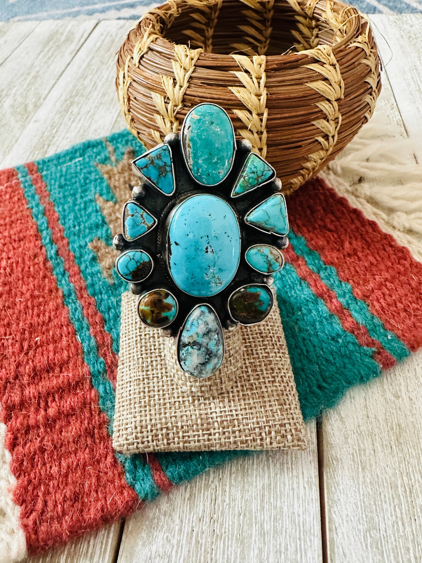 Handcrafted Turquoise & Sterling Silver Cluster Ring Size 8.5 by Ella Peter